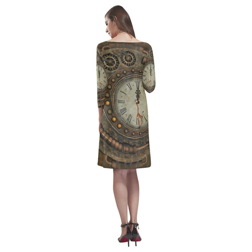 Steampunk clock, cute giraffe Rhea Loose Round Neck Dress(Model D22)