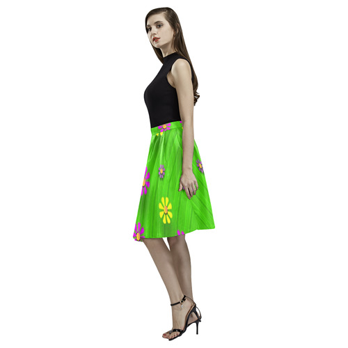 flower print on green Melete Pleated Midi Skirt (Model D15)