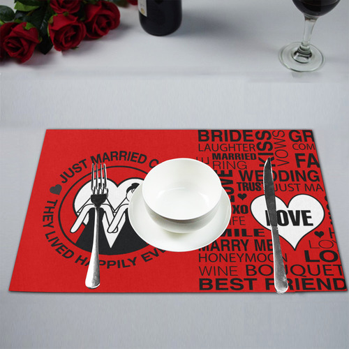 Wedding Gift Placemat Set Just Married Bride Lgbt Print Red Placemat 12’’ x 18’’ (Two Pieces)
