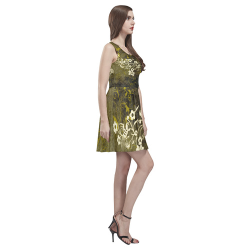 Flowers with birds, tribal Thea Sleeveless Skater Dress(Model D19)