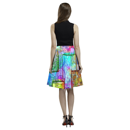 Rainbow Floral Doodle Melete Pleated Midi Skirt (Model D15)