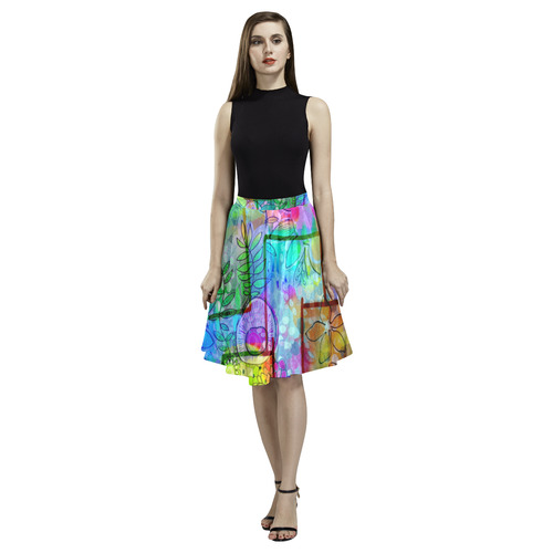 Rainbow Floral Doodle Melete Pleated Midi Skirt (Model D15)