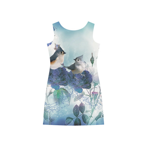 Cute birds with blue flowers Rhea Loose Round Neck Dress(Model D22)