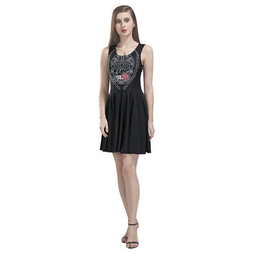 Sugar Skull Red Rose Thea Sleeveless Skater Dress(Model D19)