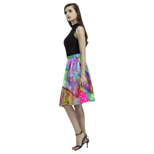 Rainbow Floral Doodle Melete Pleated Midi Skirt (Model D15)