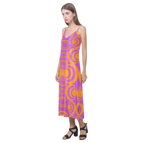 Groovy Retro Ellipses V-Neck Open Fork Long Dress(Model D18)