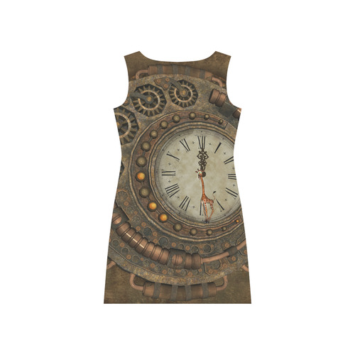 Steampunk clock, cute giraffe Rhea Loose Round Neck Dress(Model D22)