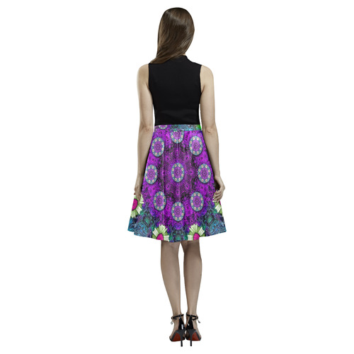 Colors and flowers in a mandala Melete Pleated Midi Skirt (Model D15)