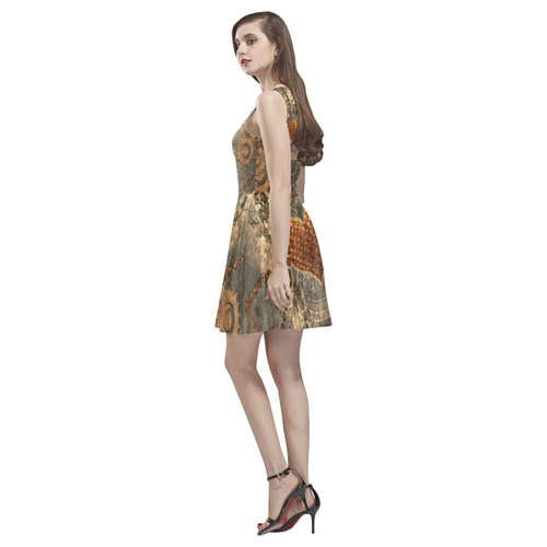 Steampuink, rusty heart with clocks and gears Thea Sleeveless Skater Dress(Model D19)