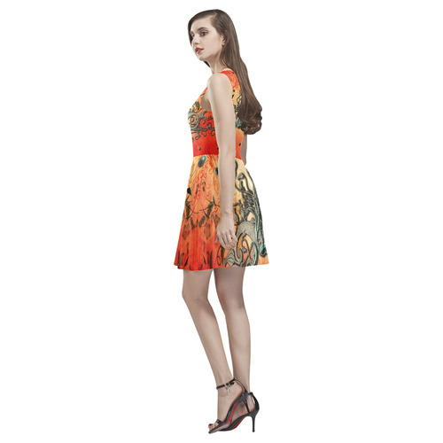 Floral design on red background Thea Sleeveless Skater Dress(Model D19)