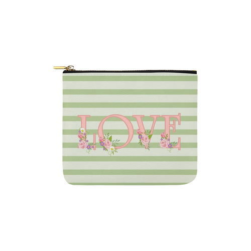 Green Stripes, Pink LOVE word, Pink Lilac Flowers Carry-All Pouch 6''x5''