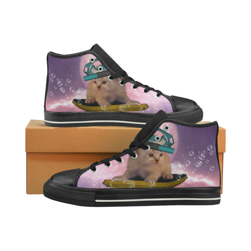 Funny surfing kitten Women's Classic High Top Canvas Shoes (Model 017)