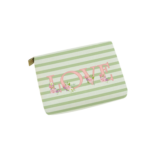 Green Stripes, Pink LOVE word, Pink Lilac Flowers Carry-All Pouch 6''x5''