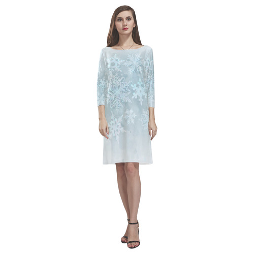 Snowflakes White and blue, Christmas Rhea Loose Round Neck Dress(Model D22)