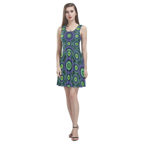 Green and Blue Stitched pattern Thea Sleeveless Skater Dress(Model D19)