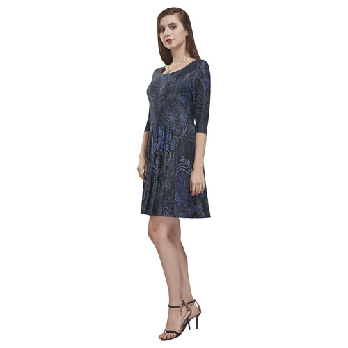 3D Ornamental Blue on Gray Tethys Half-Sleeve Skater Dress(Model D20)