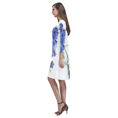 Blue - purple Consolida original floral watercolor Rhea Loose Round Neck Dress(Model D22)