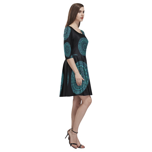 Faux Stitch, Turquoise Flower Fur Tethys Half-Sleeve Skater Dress(Model D20)