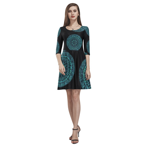 Faux Stitch, Turquoise Flower Fur Tethys Half-Sleeve Skater Dress(Model D20)