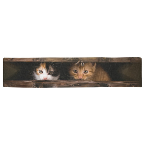 Little cute kitten in an old wooden case Table Runner 16x72 inch