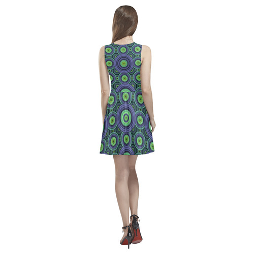 Green and Blue Stitched pattern Thea Sleeveless Skater Dress(Model D19)