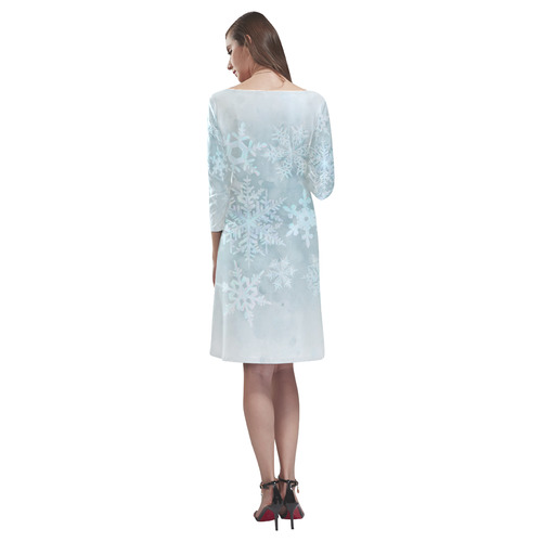 Snowflakes White and blue, Christmas Rhea Loose Round Neck Dress(Model D22)