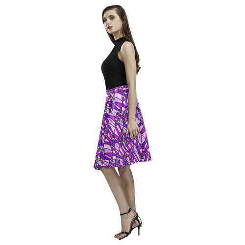 Purple Leaves Mosaic Melete Pleated Midi Skirt (Model D15)