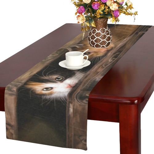 Little cute kitten in an old wooden case Table Runner 16x72 inch