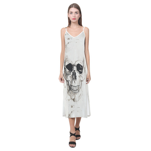 Skull Skizze by Popart Lover V-Neck Open Fork Long Dress(Model D18)