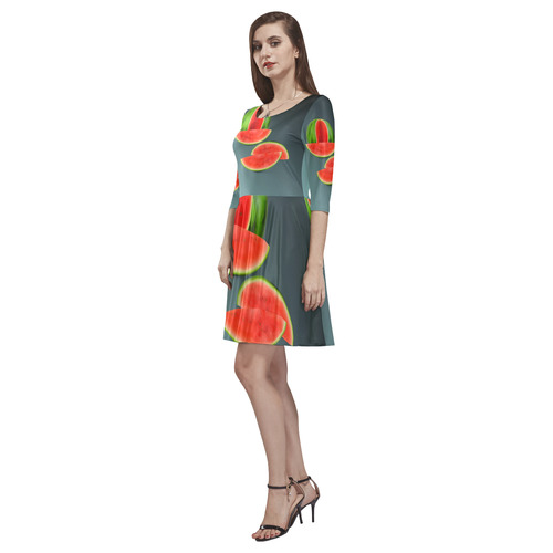 Watercolor Watermelon, red green and sweet Tethys Half-Sleeve Skater Dress(Model D20)