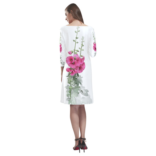 Pink Hollyhocks, floral watercolor Rhea Loose Round Neck Dress(Model D22)