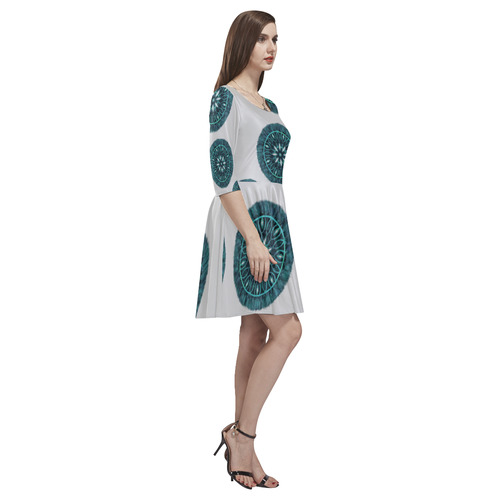 Faux Stitch, Turquoise Flower Fur Tethys Half-Sleeve Skater Dress(Model D20)