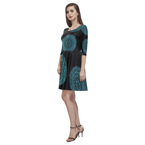 Faux Stitch, Turquoise Flower Fur Tethys Half-Sleeve Skater Dress(Model D20)