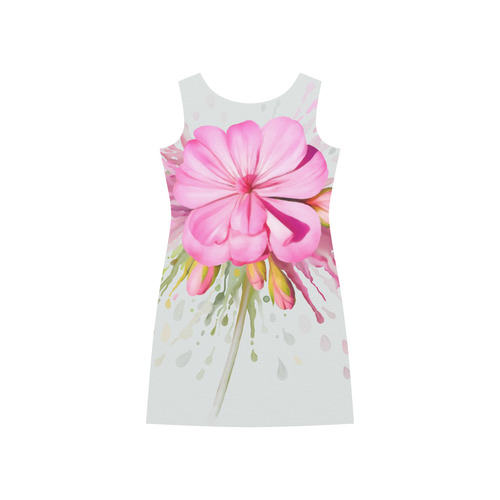 Pink flower color splash - floral watercolor Rhea Loose Round Neck Dress(Model D22)