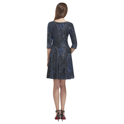 3D Ornamental Blue on Gray Tethys Half-Sleeve Skater Dress(Model D20)