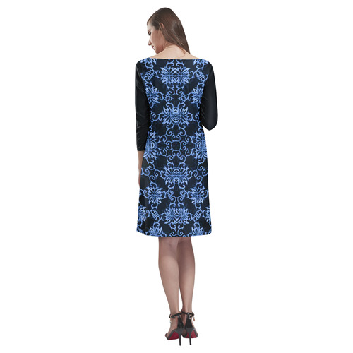 China Blue Chrysanthemum Rhea Loose Round Neck Dress(Model D22)