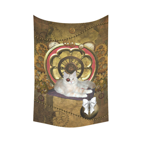 Steampunk, awseome cat clacks and gears Cotton Linen Wall Tapestry 60"x 90"