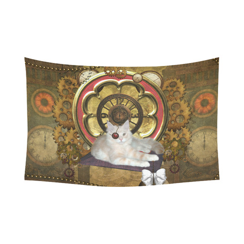 Steampunk, awseome cat clacks and gears Cotton Linen Wall Tapestry 90"x 60"