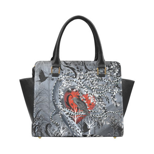 Raven Heart Print Studded Handbag By Juleez Rivet Shoulder Handbag (Model 1645)