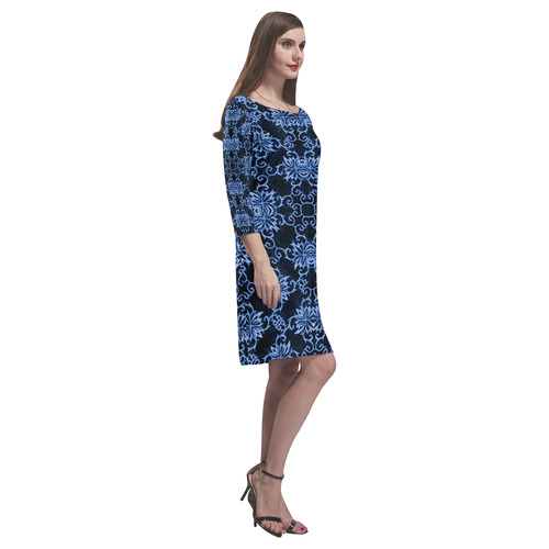 China Blue Damask Chrysanthemums Rhea Loose Round Neck Dress(Model D22)