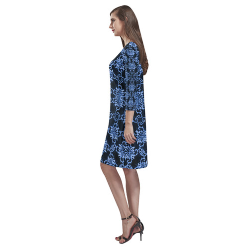 China Blue Damask Chrysanthemums Rhea Loose Round Neck Dress(Model D22)