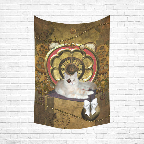 Steampunk, awseome cat clacks and gears Cotton Linen Wall Tapestry 60"x 90"