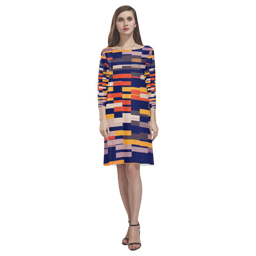 Rectangles in retro colors Rhea Loose Round Neck Dress(Model D22)