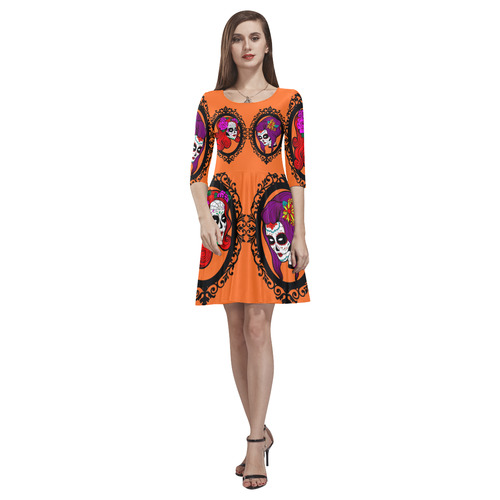 gothic sugar skull in orange Tethys Half-Sleeve Skater Dress(Model D20)