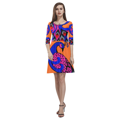 peacock in orange Tethys Half-Sleeve Skater Dress(Model D20)