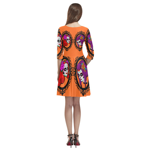 gothic sugar skull in orange Tethys Half-Sleeve Skater Dress(Model D20)