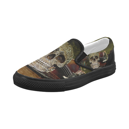 Funny Skull and Book Women's Slip-on Canvas Shoes (Model 019)