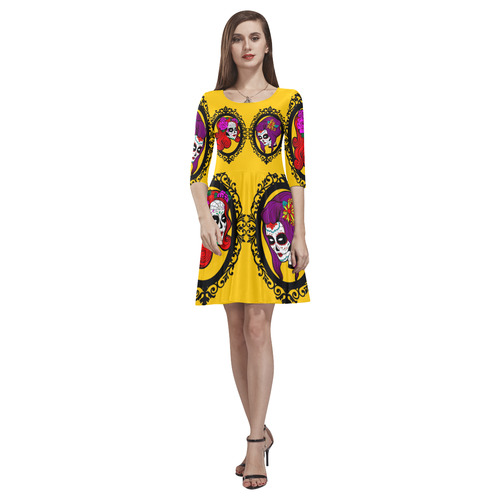 gothic sugar skull in yellow Tethys Half-Sleeve Skater Dress(Model D20)