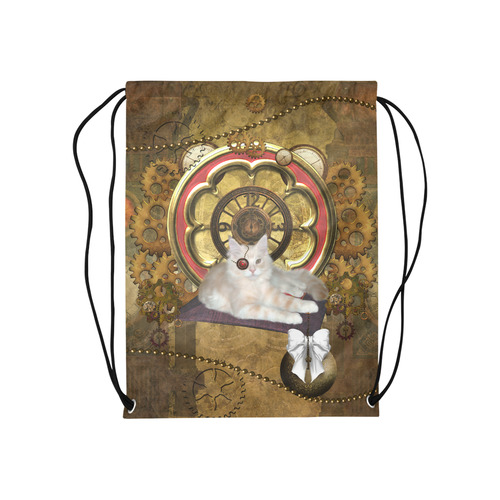Steampunk, awseome cat clacks and gears Medium Drawstring Bag Model 1604 (Twin Sides) 13.8"(W) * 18.1"(H)