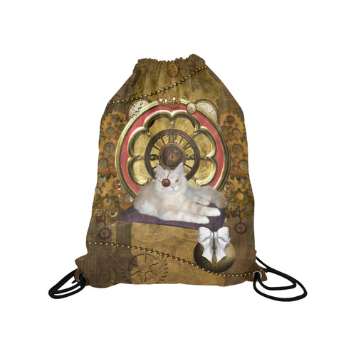 Steampunk, awseome cat clacks and gears Medium Drawstring Bag Model 1604 (Twin Sides) 13.8"(W) * 18.1"(H)